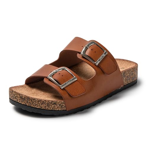 JOMIX Pantoletten Damen Sommer Sandalen mit Kork Fußbett Elegant Flach Hausschuhe Weiche Verstellbaren Schnalle Meer Strand Schlappen (Braun, 37 EU) von JOMIX