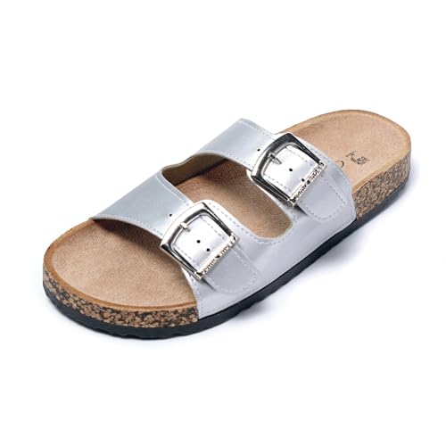 JOMIX Pantoletten Damen Sommer Sandalen mit Kork Fußbett Elegant Flach Hausschuhe Weiche Verstellbaren Schnalle Meer Strand Schlappen (Silber, 37 EU) von JOMIX