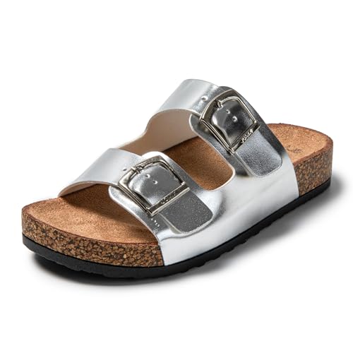 JOMIX Pantoletten Damen Sommer Sandalen mit Kork Fußbett Elegant Flach Hausschuhe Weiche Verstellbaren Schnalle Meer Strand Schlappen (Silber, 39 EU) von JOMIX