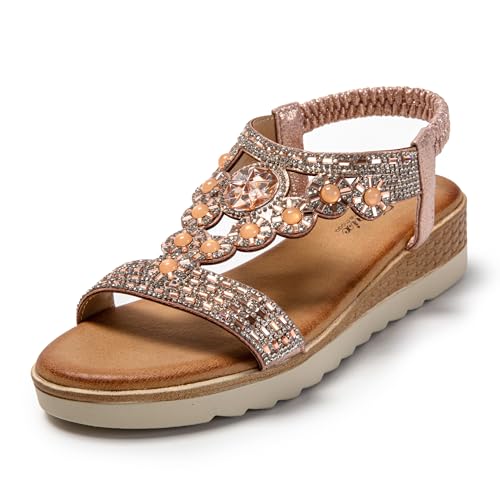 JOMIX Muttertag Sandalen Damen Strass Keilabsatze Sandaletten Sommer Bohemian Schlappen Bunte Slides (Rosa, 39 EU, SD9115) von JOMIX