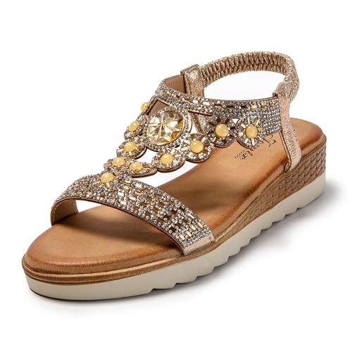 JOMIX Keilabsatze Sandalen Damen Große Größen Strass Bohemia Strandsandalen Römersandalen Sommerschuhe (Gold, 38 EU, SD9115) von JOMIX