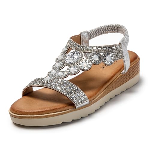 JOMIX Valentinstag Pantoletten Damen Strass Keilabsatze Sandaletten Sommer Bohemian Flip Flops (Silber, 39 EU, SD9115) von JOMIX