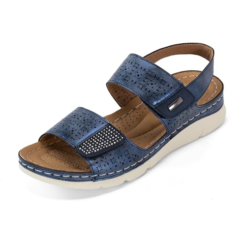 JOMIX Damen Sandalen mit Klettverschluss Sommer Bequem Massage Fußbett Sommerschuhe Bequem Leder Strandsandalen Sandaletten (Marine, 39 EU, WWS250186) von JOMIX