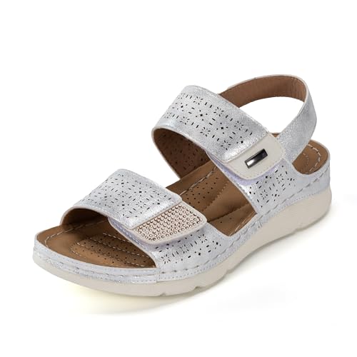 JOMIX Damen Sandalen mit Klettverschluss Sommer Bequem Massage Fußbett Sommerschuhe Bequem Leder Strandsandalen Sandaletten (Weiß, 38 EU, WWS250186) von JOMIX