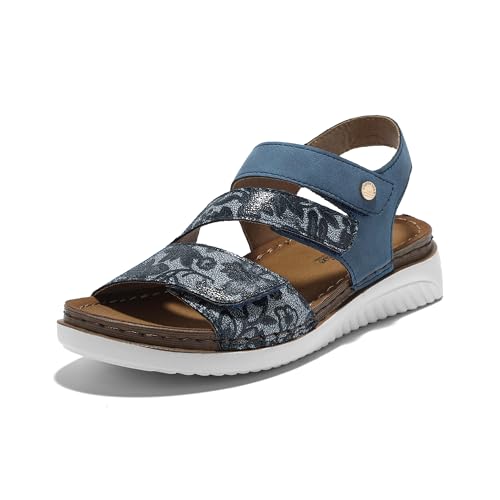 JOMIX Damen Sandaletten Klettverschluss Slip On Leichte Sandalen mit Blumenmuster Sommer Pantoletten Muttertag (Blau, 41 EU, SD9296) von JOMIX