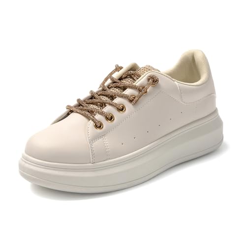 JOMIX Damen Laufschuhe Leder Turnschuhe Sportschuhe Sneaker Tennis Schuhe Freizeit Straßenlaufschuhe Atmungsaktiv (Beige, 40 EU) von JOMIX