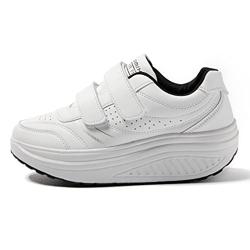 JOMIX Damen Sneaker Klettverschluss Sportschuhe Plateau Turnschuhe Laufschuhe Bequeme Abrollsohle Wippschuhe Abrollschuhe Fitness Gym Outdoor (03 Weiß Klett, 36 EU) von JOMIX