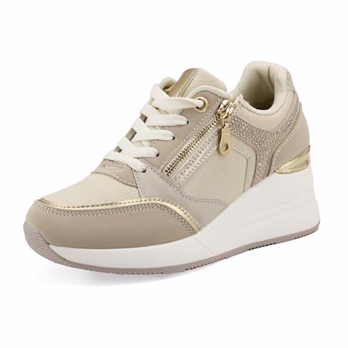 JOMIX Damen Sneaker mit Keilabsatz Mode Sportschuhe Bequeme Leder Freizeitschuhe Plateau Casual Schuhe (WSC255016, Beige, 37 EU) von JOMIX