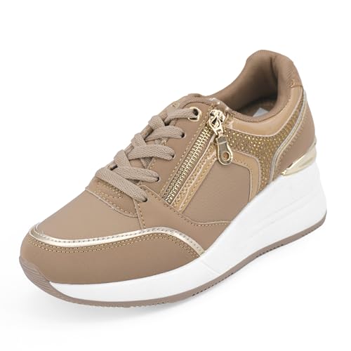 JOMIX Damen Sneaker mit Keilabsatz Mode Sportschuhe Bequeme Leder Freizeitschuhe Plateau Casual Schuhe (WSC255016, Braun, 37 EU) von JOMIX