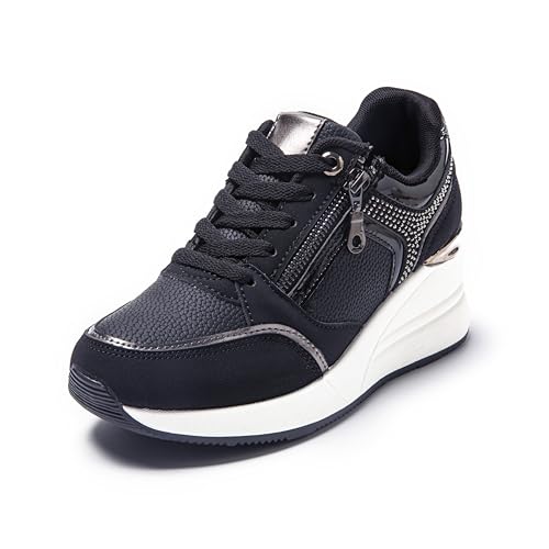 JOMIX Damen Sneaker mit Keilabsatz Mode Sportschuhe Bequeme Leder Freizeitschuhe Plateau Casual Schuhe (WSC255016, Schwarz, 37 EU) von JOMIX