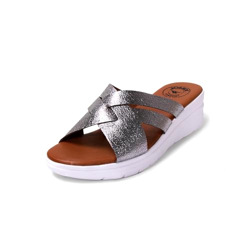 JOMIX Damen Plateau Pantoletten Damen mit Fussbett Metallschnalle Sandalen Sommer badelatschen Leicht Outdoorsandale (Silber, 39 EU, TD2007) von JOMIX