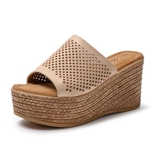 JOMIX Plateau Sandalen Damen Sommer Pantoletten Keilabsatz Slip On Leichte Sandalen Muttertag Sommerschuhe Atmungsaktive (Beige, 41 EU, SD9097) von JOMIX