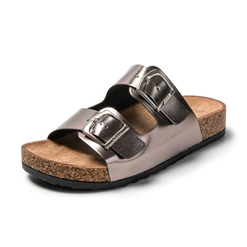 JOMIX Pantoletten Damen Sommer Sandalen mit Kork Fußbett Elegant Flach Hausschuhe Weiche Verstellbaren Schnalle Meer Strand Schlappen (Silber Glitzer, 38 EU) von JOMIX