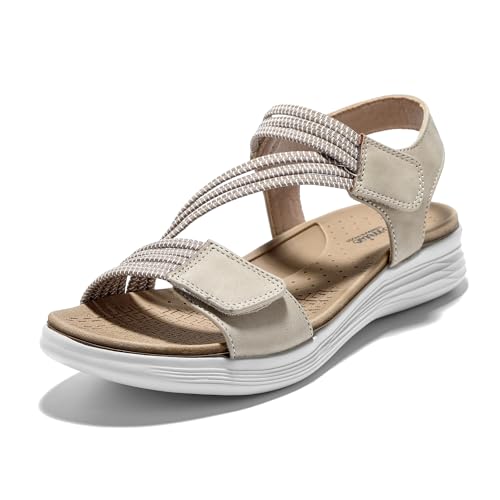 JOMIX Damen Sommer Sandalen mit Klettverschluss Frauen Leder Sandals Freizeit Strand Sandalette Plattform Flip Flops (Grau, 38 EU, SD9293) von JOMIX