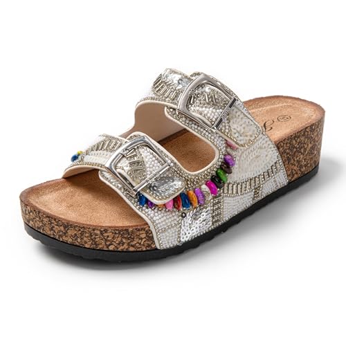 JOMIX Glitzer Römersandalen Plateau Pantoletten Damen Mädchen Strandschuhe Fussbettpantoffel (Weiß, 39 EU, SD9182) von JOMIX