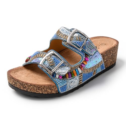 JOMIX Sommer Pantoletten Damen Glitzer Sandalen Plateau Clogs Elegant Slide Glitzer Pantoffeln (Blau, 38 EU, SD9182) von JOMIX