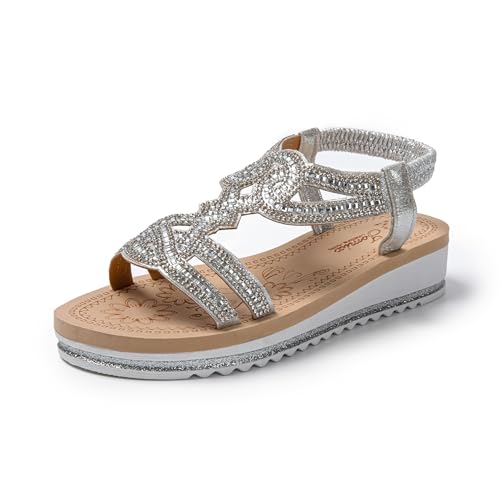 JOMIX Damen Sommer Sandalen mit Strass Frauen Bohemian Sandals Freizeit Strand Sandalette Plattform Flip Flops (Silber, 38 EU, SD9026) von JOMIX