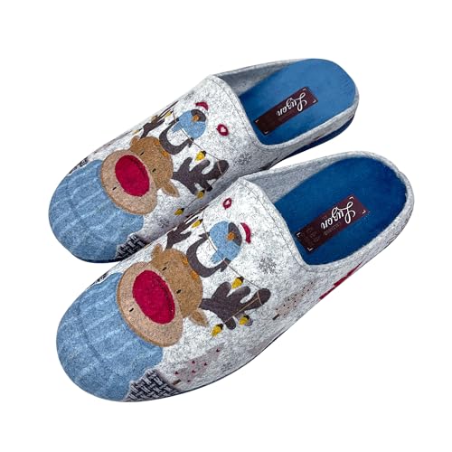 JOMIX Damen Spanische Clog Filzclog Winter Flache Pantoffeln Lässige Slippers Bunte Cartoon Hausclog Hausschuhe Indoor Outdoor (Blau Rentier, 40 EU) von JOMIX