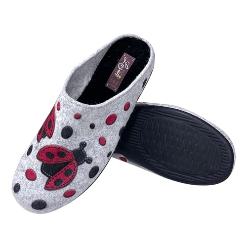 JOMIX Damen Spanische Clog Filzclog Winter Flache Pantoffeln Lässige Slippers Bunte Cartoon Hausclog Hausschuhe Indoor Outdoor (Hellgrau Marienkäfer, 36 EU) von JOMIX