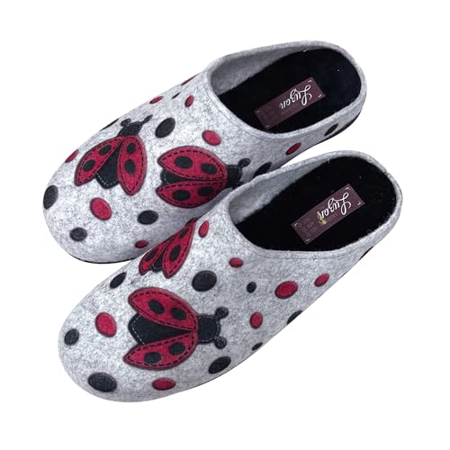 JOMIX Damen Spanische Clog Filzclog Winter Flache Pantoffeln Lässige Slippers Bunte Cartoon Hausclog Hausschuhe Indoor Outdoor (Hellgrau Marienkäfer, 40 EU) von JOMIX