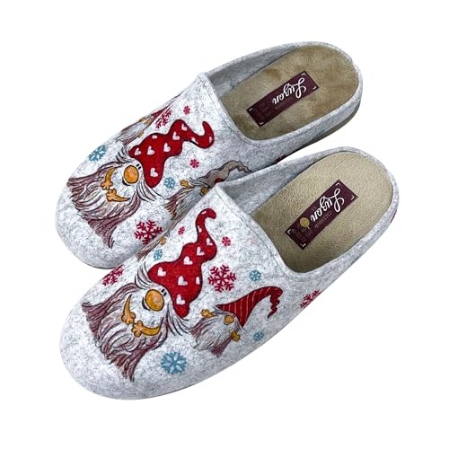 JOMIX Damen Spanische Clog Filzclog Winter Flache Pantoffeln Lässige Slippers Bunte Cartoon Hausclog Hausschuhe Indoor Outdoor (Hellgrau Weihnachtsmann, 38 EU) von JOMIX
