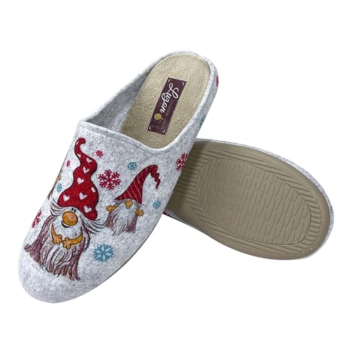 JOMIX Damen Spanische Clog Filzclog Winter Flache Pantoffeln Lässige Slippers Bunte Cartoon Hausclog Hausschuhe Indoor Outdoor (Hellgrau Weihnachtsmann, 39 EU) von JOMIX