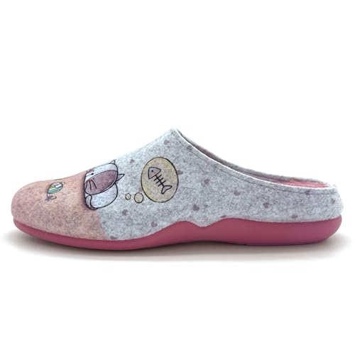 JOMIX Damen Spanische Clog Filzclog Winter Flache Pantoffeln Lässige Slippers Bunte Cartoon Hausclog Hausschuhe Indoor Outdoor (Rosa Katze, 36 EU) von JOMIX