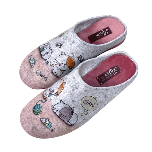 JOMIX Damen Spanische Clog Filzclog Winter Flache Pantoffeln Lässige Slippers Bunte Cartoon Hausclog Hausschuhe Indoor Outdoor (Rosa Katze, 38 EU) von JOMIX