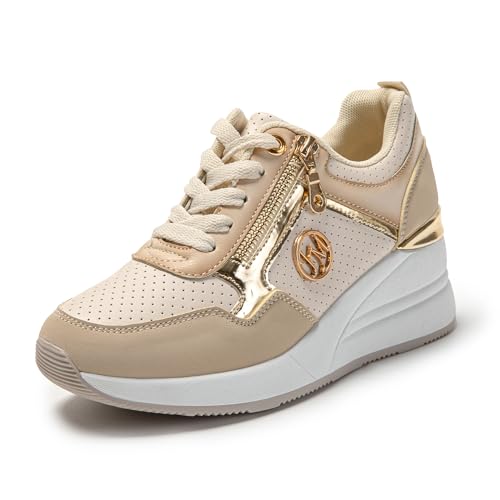 JOMIX Damen Wedge Sneaker Keilabsatz mit Schnürsenkeln und Reißverschluss Atmungsaktiv Sportschuhe Komfort Leicht Turnschuhe (Beige, 38 EU) von JOMIX