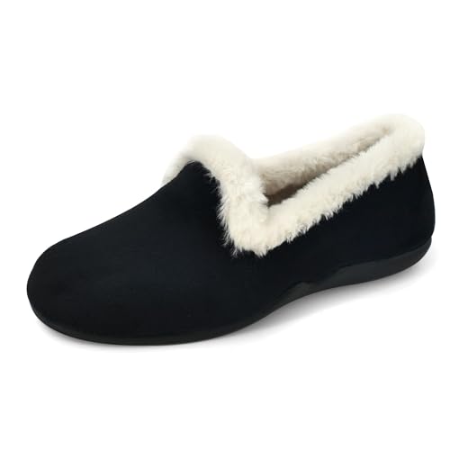 JOMIX Damen Winter Hausschuhe Warme Memory Foam Puschen Plüsch Lammfell Mokassins Mädchen Bequeme Elegant Gefüttert Pantoffeln rutschfeste Hausclogs Made in Spanien (MD2419, Schwarz, 39 EU) von JOMIX