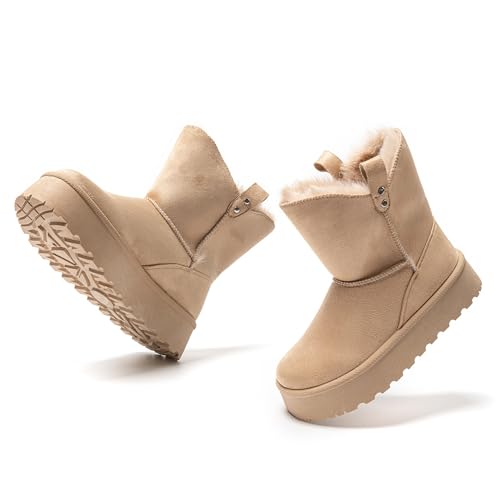 JOMIX Damen Winterstiefel Plateau Mini Winter Boots Bequeme Warm Gefüttert Schneestiefel Wasserdicht Rutschfeste Plattform Stiefel (Beige, 38 EU, MD9765) von JOMIX