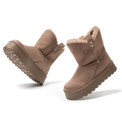 JOMIX Damen Winterstiefel Plateau Mini Winter Boots Bequeme Warm Gefüttert Schneestiefel Wasserdicht Rutschfeste Plattform Stiefel (Camel, 37 EU, MD9765) von JOMIX