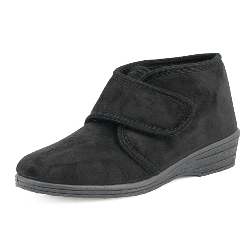 JOMIX Diabetiker Schuhe Damen Orthopädische Winter Stiefeletten Senioren Hausschuhe mit Extra Weit Klettverschluss Warme Plüsch Hausschuhe (ITD1424-1, Schwarz, 39 EU) von JOMIX