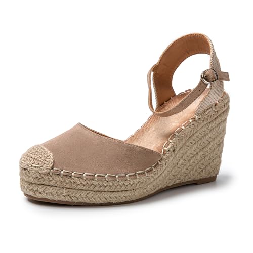 JOMIX Sommer Sandalen Damen Elegant Keilsandalen Espadrilles Plateau Wedges Sandaletten mit Geschlossene Leicht Strandsandalen (Khaki, 37 EU) von JOMIX