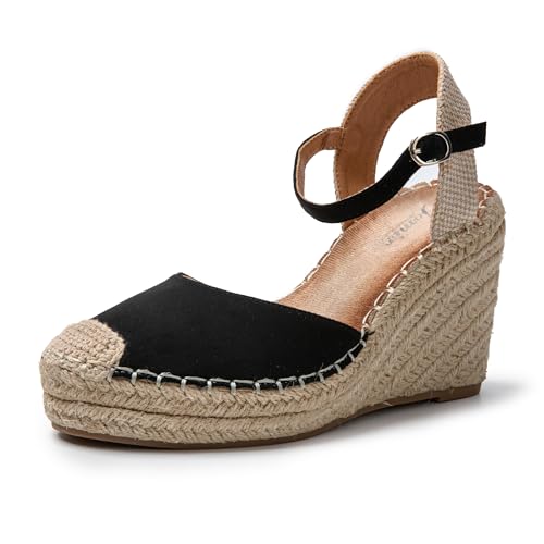 JOMIX Sommer Sandalen Damen Elegant Keilsandalen Espadrilles Plateau Wedges Sandaletten mit Geschlossene Leicht Strandsandalen (Schwarz, 39 EU) von JOMIX