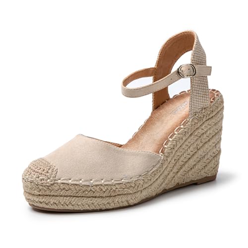 JOMIX Sommer Sandalen Damen Elegant Keilsandalen Espadrilles Plateau Wedges Sandaletten mit Geschlossene Leicht Strandsandalen (Beige, 37 EU) von JOMIX