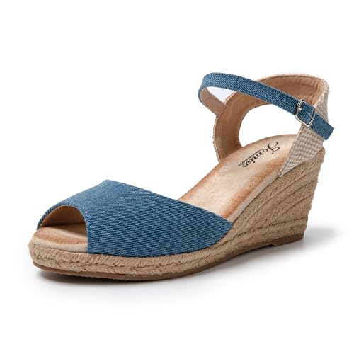 JOMIX Pantoletten Damen mit Absatz Keilabsatze Sandaletten Plateau Sommer Frauen Schuhe Keilsandalen Elegant (Denim Blau, 40 EU, SD9371) von JOMIX