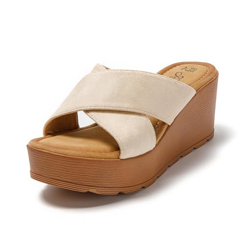 JOMIX Sandalen Pantoletten Damen mit Fussbett Sommer Badelatschen Strandsandalen Erwachsene Leder Schlappen (Beige, 38 EU, SD9118) von JOMIX