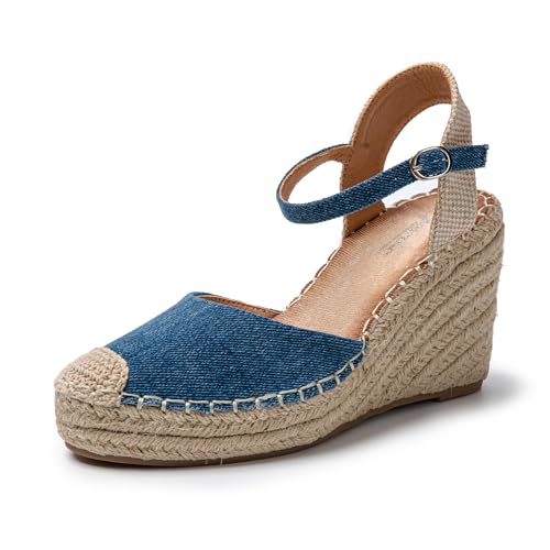 JOMIX Sommer Sandalen Damen Elegant Keilsandalen Espadrilles Plateau Wedges Sandaletten mit Geschlossene Leicht Strandsandalen (Jean Blau, 37 EU) von JOMIX