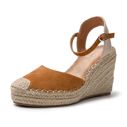 JOMIX Sommer Sandalen Damen Elegant Keilsandalen Espadrilles Plateau Wedges Sandaletten mit Geschlossene Leicht Strandsandalen (Camel, 40 EU) von JOMIX