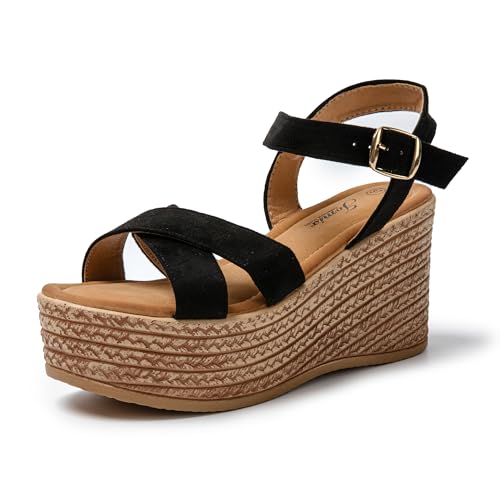 JOMIX Damen Sandalen Elegant Sommerschuhe Keilsandalen Sandaletten Mit Absatz Plateau Bequem Sommer Strandsandalen (Schwarz, 36 EU) von JOMIX