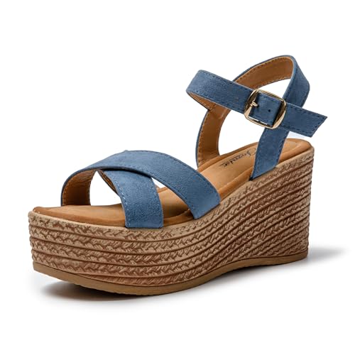 JOMIX Damen Sandalen Elegant Sommerschuhe Keilsandalen Sandaletten Mit Absatz Plateau Bequem Sommer Strandsandalen (Blau, 37 EU) von JOMIX