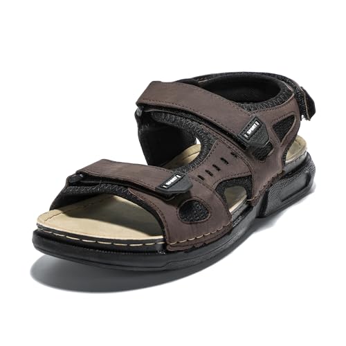 JOMIX Flach Pantoletten Herren Sandalen mit Weich Fußbett Frauen Sommer Offene Schuhe Leder Freizeit Sommerschuhe (Braun, 42 EU, TU2002) von JOMIX