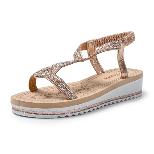 JOMIX Flache Sandalen Damen Große Größen Strass Bohemia Strandsandalen Römersandalen Sommerschuhe (Rosa, 38 EU) von JOMIX