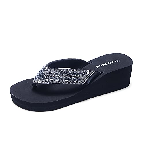 JOMIX Flip Flops Damen Glitzersteine Sandaletten Weiche Fußbett Pool Meer Strand Zehentrenner Outdoor Stranschuhe (02 Schwarz, 41 EU) von JOMIX