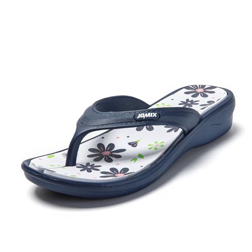 JOMIX Flip Flops Damen Hausschuhe Badeschuhe Pantoffeln Badeschlappen Strand Damen-Zehentrenner mit Blumen (Dunkelblau, 38 EU) von JOMIX