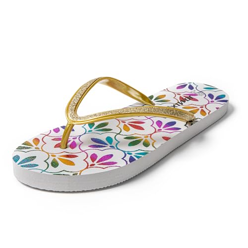 JOMIX Flip Flops Damen Leichte Zehentrenner Sommer Sandalen Bunte Badelatschen Comfort Badeschlappen Meer Pool Strand Pantoletten (Weiß Gold, 39 EU) von JOMIX
