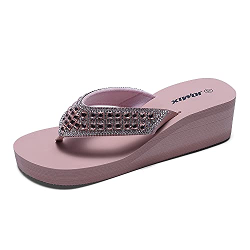 JOMIX Sommer Sandalen Damen Elegant Keilabsatz Flip Flops Glitzer Zehentrenner Strasssteine Sandaletten Weiche Fußbett Pool Meer Strand Outdoor (02 Rosa, 38 EU) von JOMIX