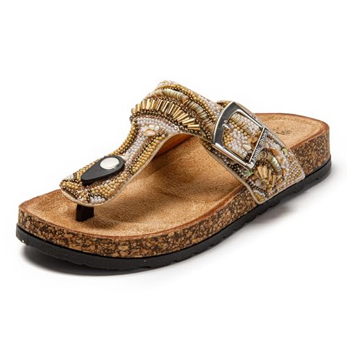 JOMIX Flach Zehentrenner Glitzer Sandalen Damen Badeschuhe Schlappaen Sommerschuhe Bunt Duschhausschuhe Strand Sandal (Beige, 39 EU, SD9190) von JOMIX