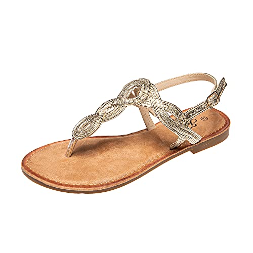 JOMIX Sommer Sandalen Damen Flache Zehentrenner Römersandalen Elegante Flip Flops Weiche Fußbett Strandschuhe Outdoor (Gold Größe Klein 1 Nummer, 41 EU) von JOMIX